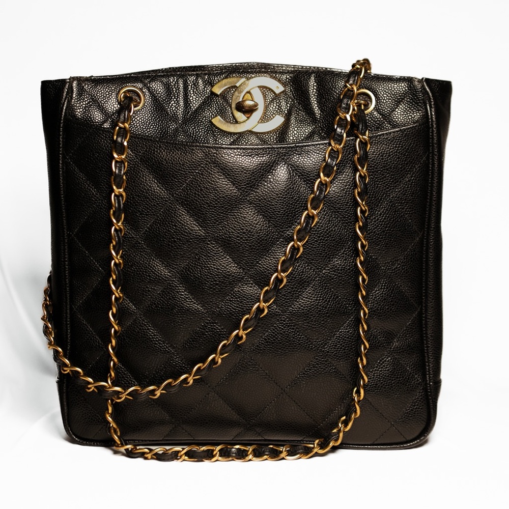 Chanel Chain Tote Bag Leather Vintage Gold Black